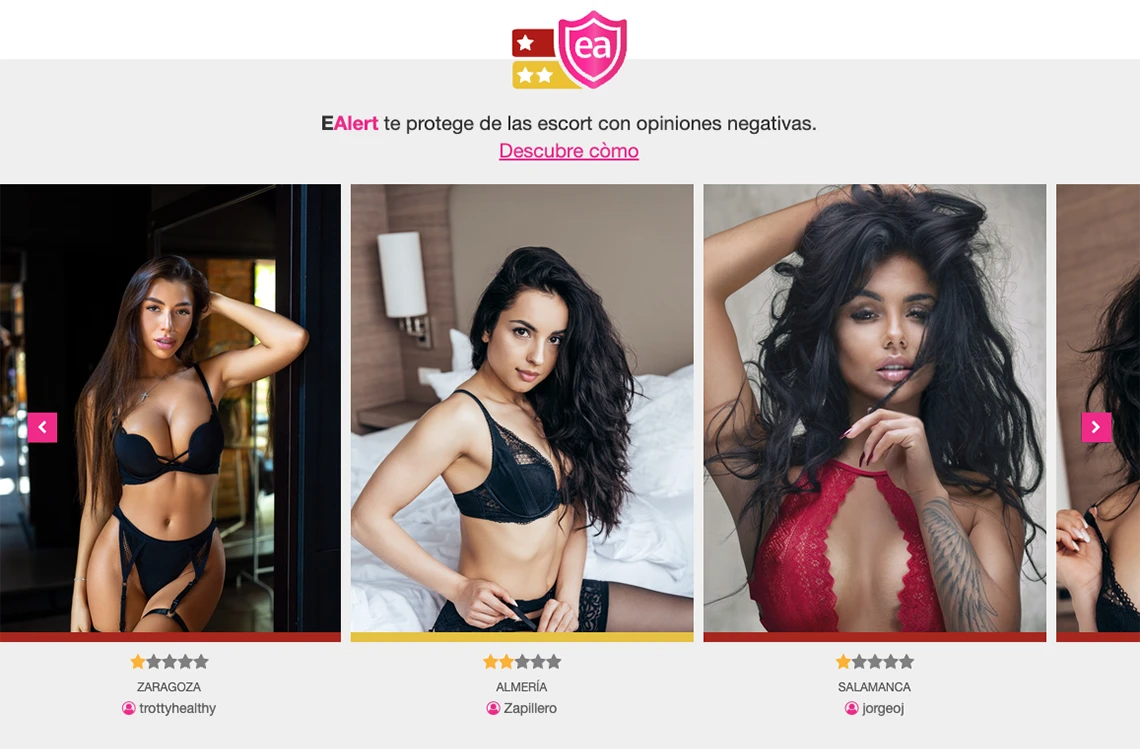 La sección EAlert de Escort Advisor con las escorts que han recibido opiniones negativas
