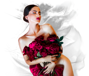 Woman dressed in white holding a bouquet of red roses