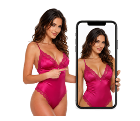 Foto de perfil de una escort en lencería junto a la misma imagen en la pantalla de un móvil
