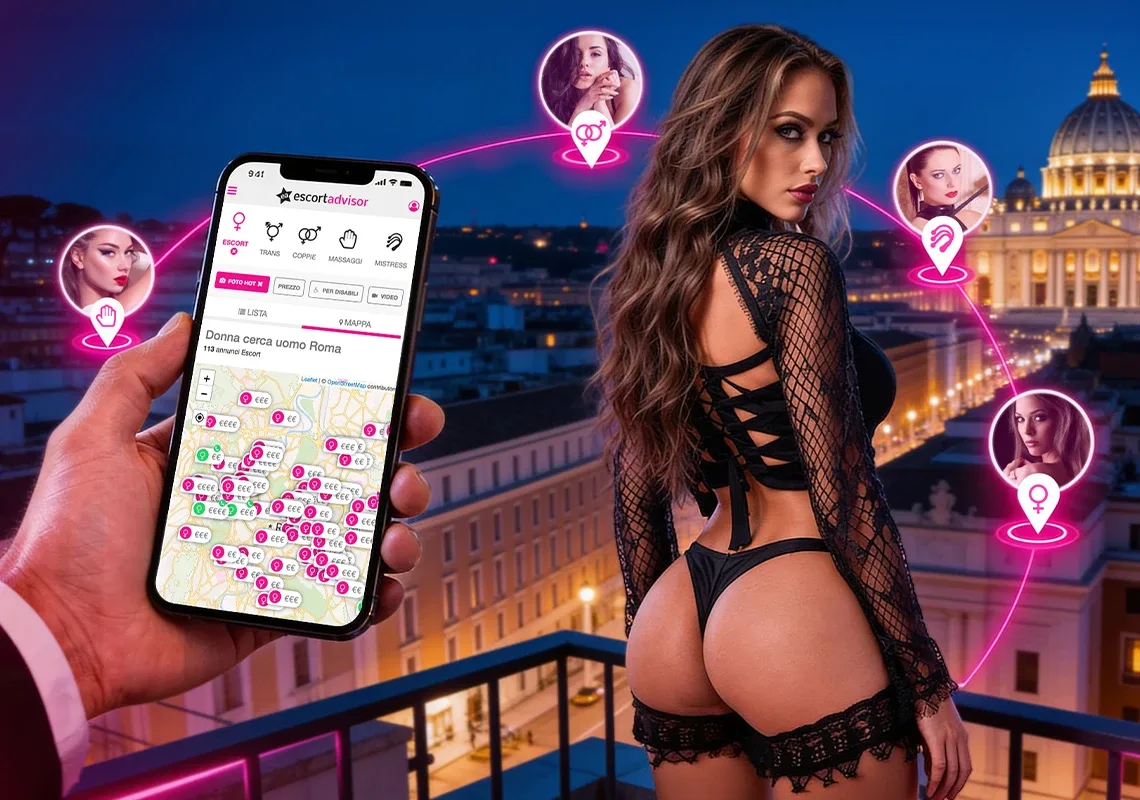 Escort in lingerie su una terrazza di Roma accanto a un cellulare che mostra i filtri di ricerca