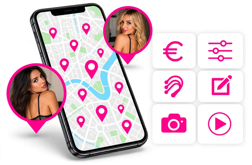 Smartphone con el mapa de Escort Advisor y los marcadores de los perfiles, rodeado por las fotos de dos escorts y los iconos de los filtros de búsqueda