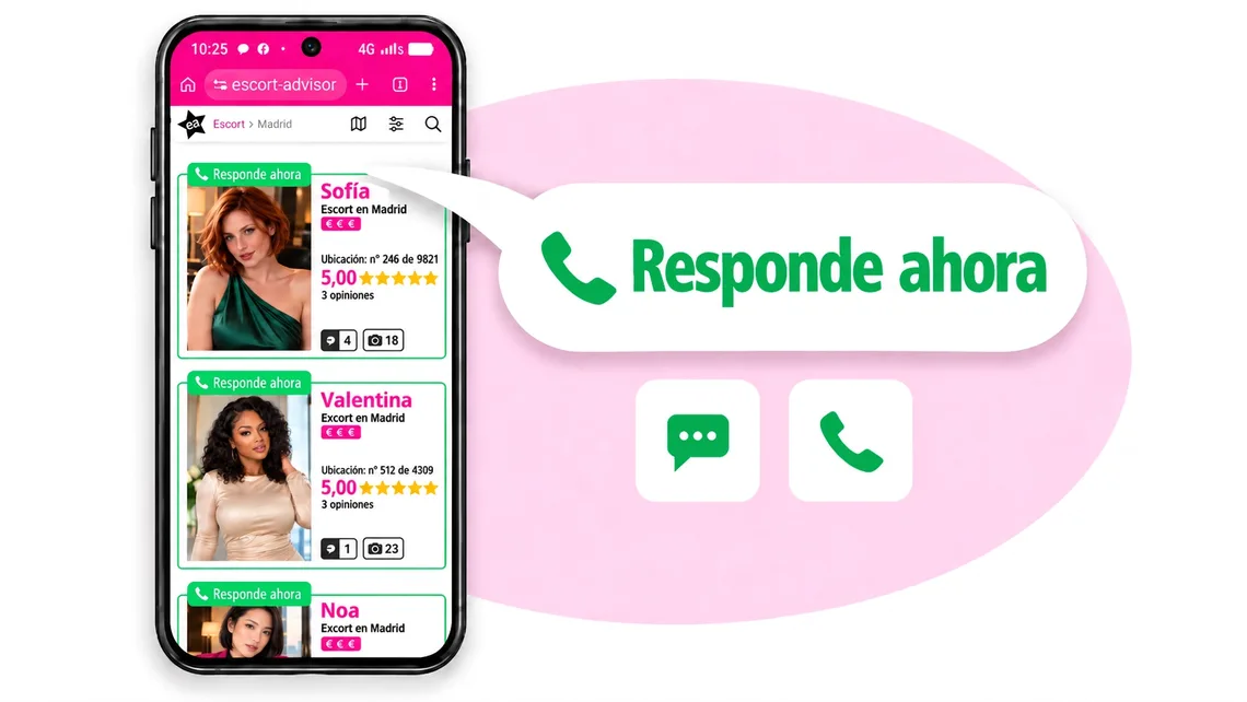 Smartphone con la lista de escorts de Madrid en Escort Advisor y el globo «Responde ahora» con los iconos de mensaje y llamada
