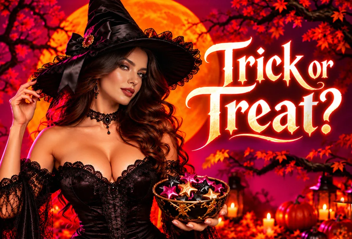 Seductive witch in a black corset and hat holding a bowl of star-shaped sweets, with the words “Trick or Treat?” under a Halloween full moon