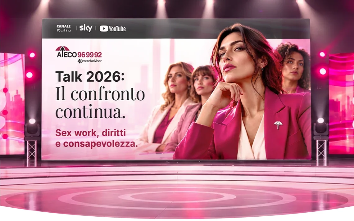 Studio televisivo con maxischermo che annuncia “Talk 2026: Il confronto continua. Sex work, diritti e consapevolezza”, con tre donne in giacca rosa e i loghi Canale Italia, Sky e YouTube