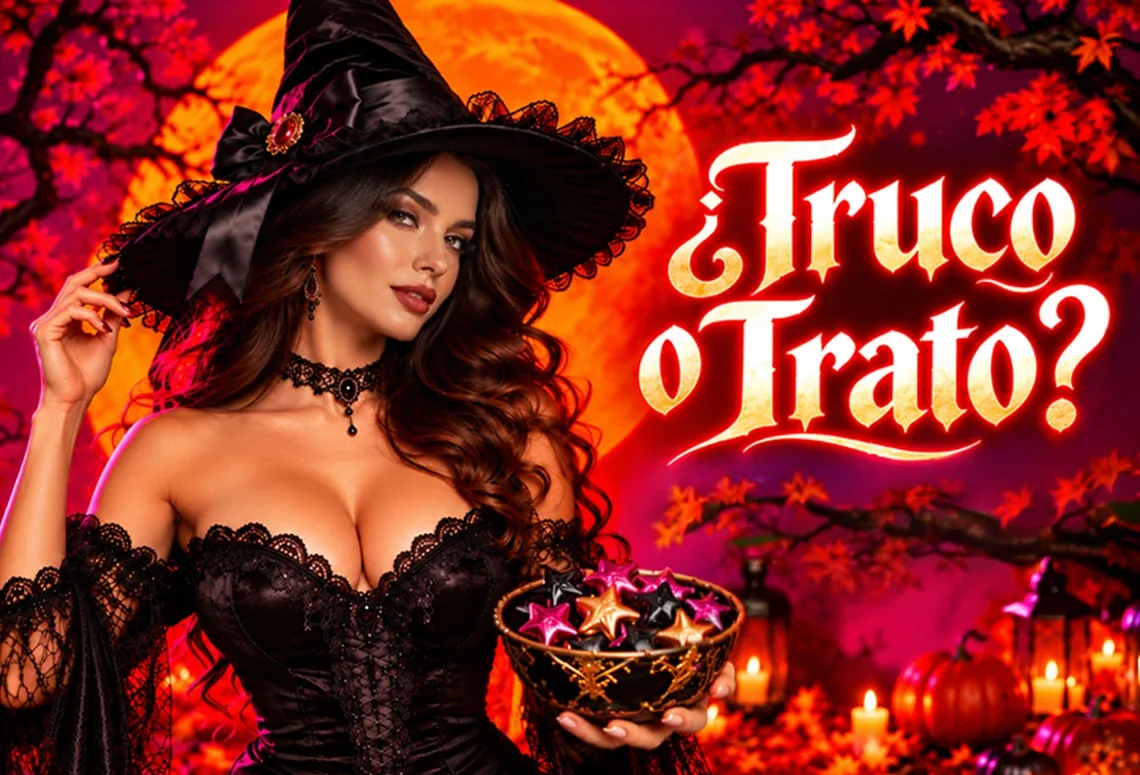 Bruja seductora con corsé negro y sombrero sosteniendo un cuenco de caramelos en forma de estrella, junto al texto «¿Truco o Trato?» bajo una luna llena de Halloween