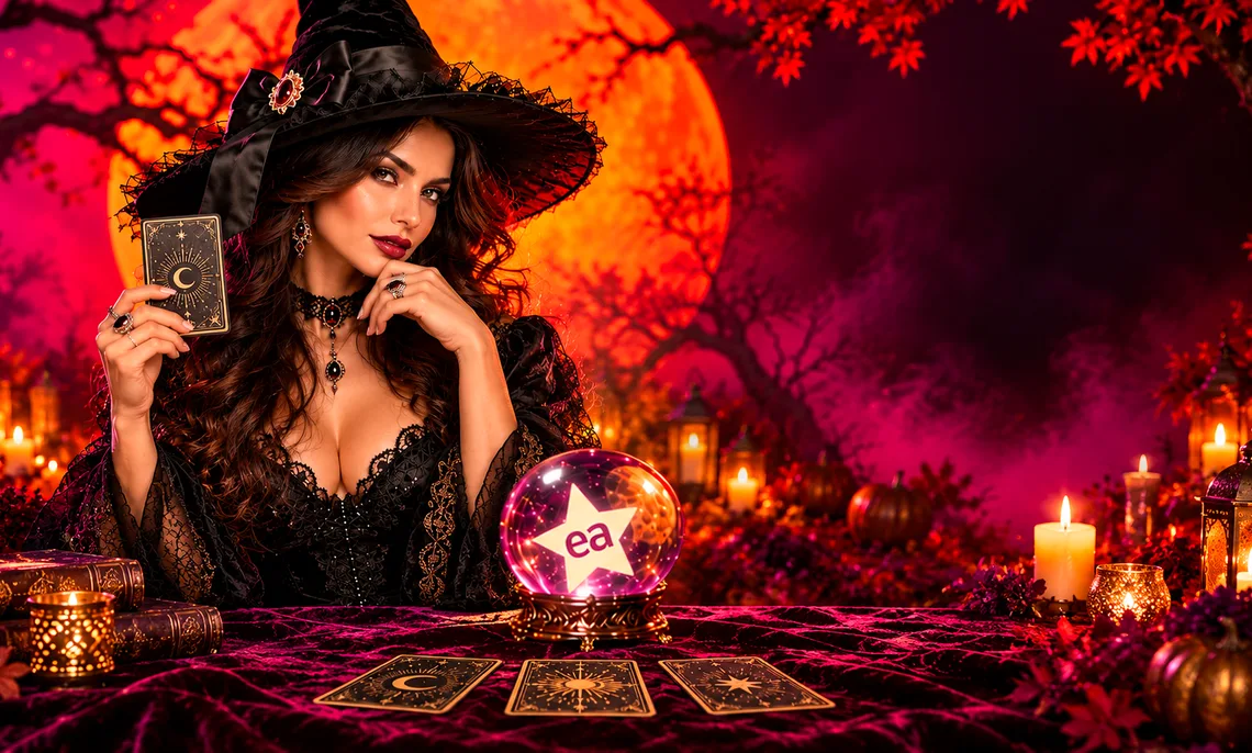 Strega seducente con cappello nero e corsetto di pizzo che tiene una carta dei tarocchi, davanti a una sfera di cristallo con il logo Escort Advisor e una luna piena di Halloween